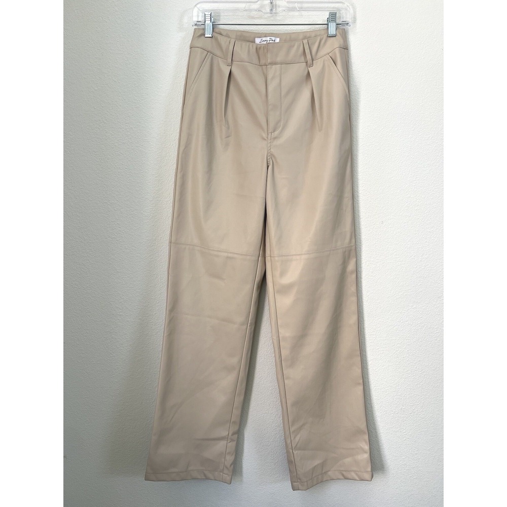 Emory Park Womens Faux Leather Pleated Straight Leg Trousers Beige Tan Size M